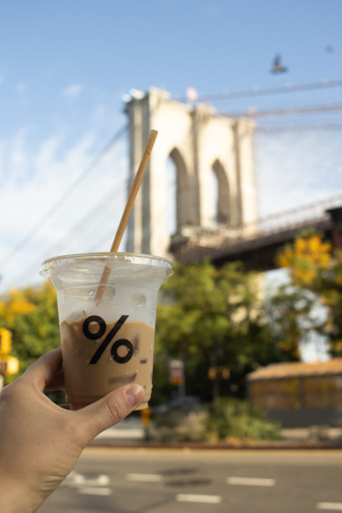 An iced coffee being held up in front of the Brooklyn Bridge in Dumbo Brooklyn.