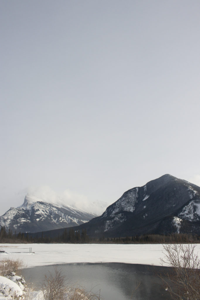 A view of Vermillion Lakes with Mount Rundle in the background during a Banff winter.