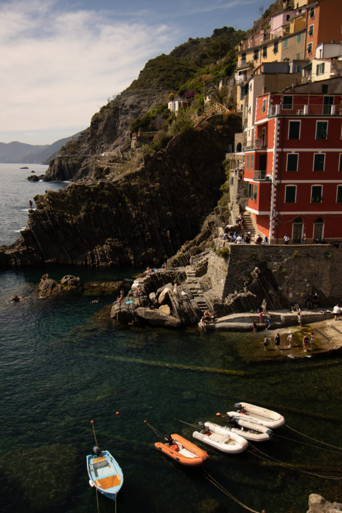 View of the Vernazza harbor, one of the Cinque Terre towns.