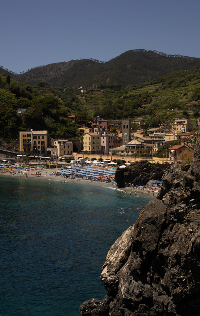A overlooking view of Monterosso coastline in Cinque Terre Italy