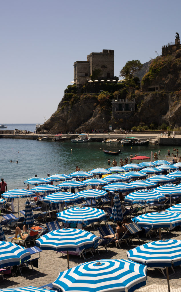 A view of the beach umbrellas at Spiaggia Tragagia, found in Monterosso (one of the Cinque Terre towns).
