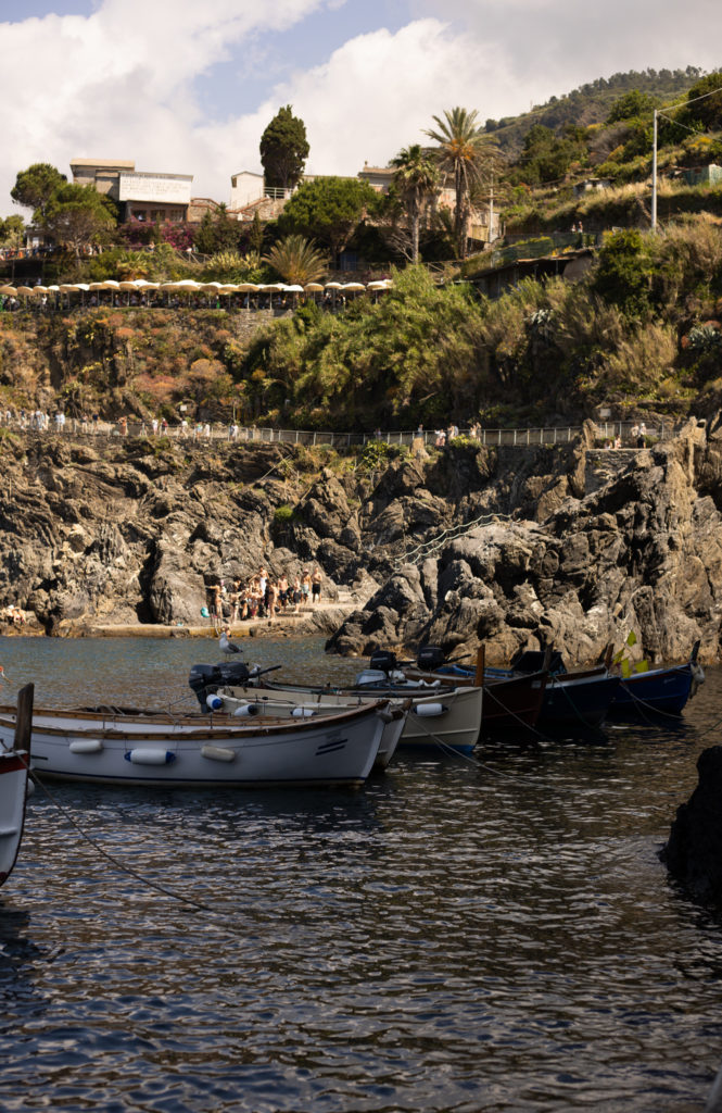 A view of small boats in the harbor of Cinque Terre Italy