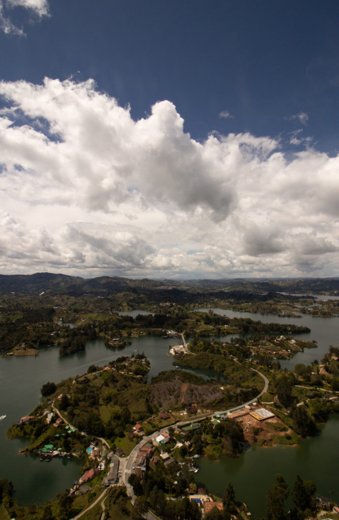Landscape view of Guatape lakes from La Piedra Del Penol