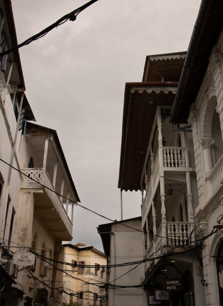 Photo of a street with white washed building in Stone Town